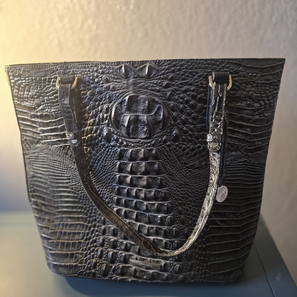 Brahmin Gray and Black Crocodile-Embossed Tote
